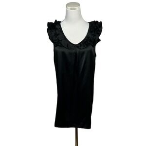 100% Silk Blouse Womens Small Sleeveless Black Ruffle V-Neck Tank‎ Made in USA